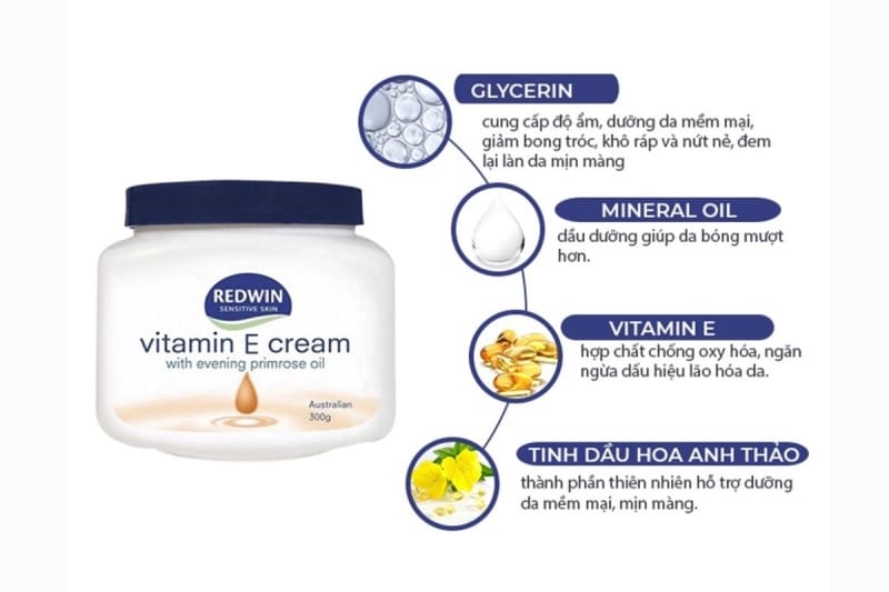 Redwin vitamin E Cream với thành phần không gây kích ứng, bít tắc lỗ chân lông